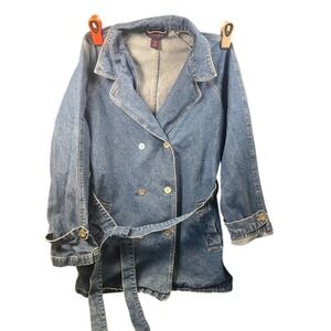 Denim & Co Womens Blue Cotton Double Breasted Trench Coat Jacket Belted Large